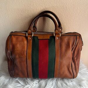 Gucci Tan Leather Duffel Bag with Red and Green Accents